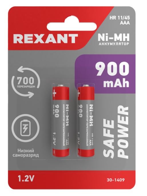 Аккумулятор Ni-MH AAA/HR03, 1,2В, 900мАч, блистер REXANT (30-1409)