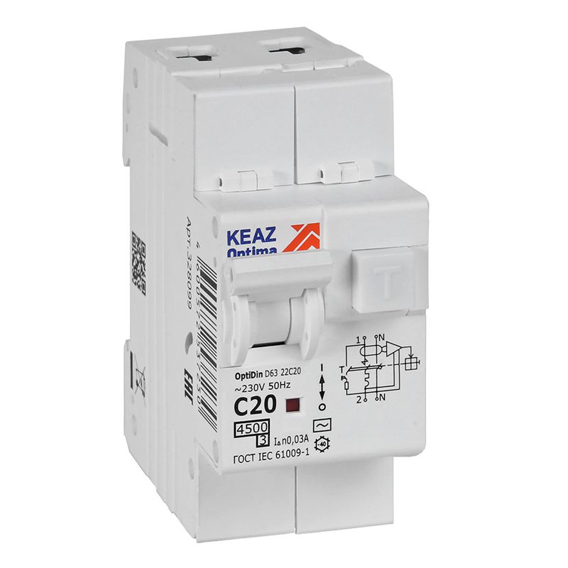 OptiDin D63-22C20-AC-У3 2п C20 30мА 4.5кА, КЭАЗ (328099)
