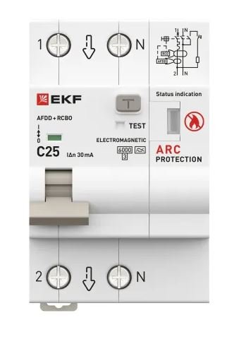 УЗДП + АВДТ 1P+N 25А 30мА С А 6 кА PROXIMA (afdd-rcbo-2-25C-30em-pro)