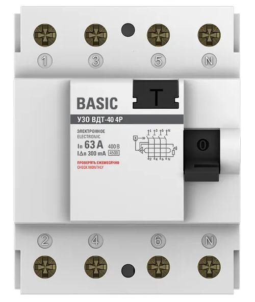 УЗО ВДТ-40 4P 63А/300мА Basic (elcb-4-63-300e-sim)
