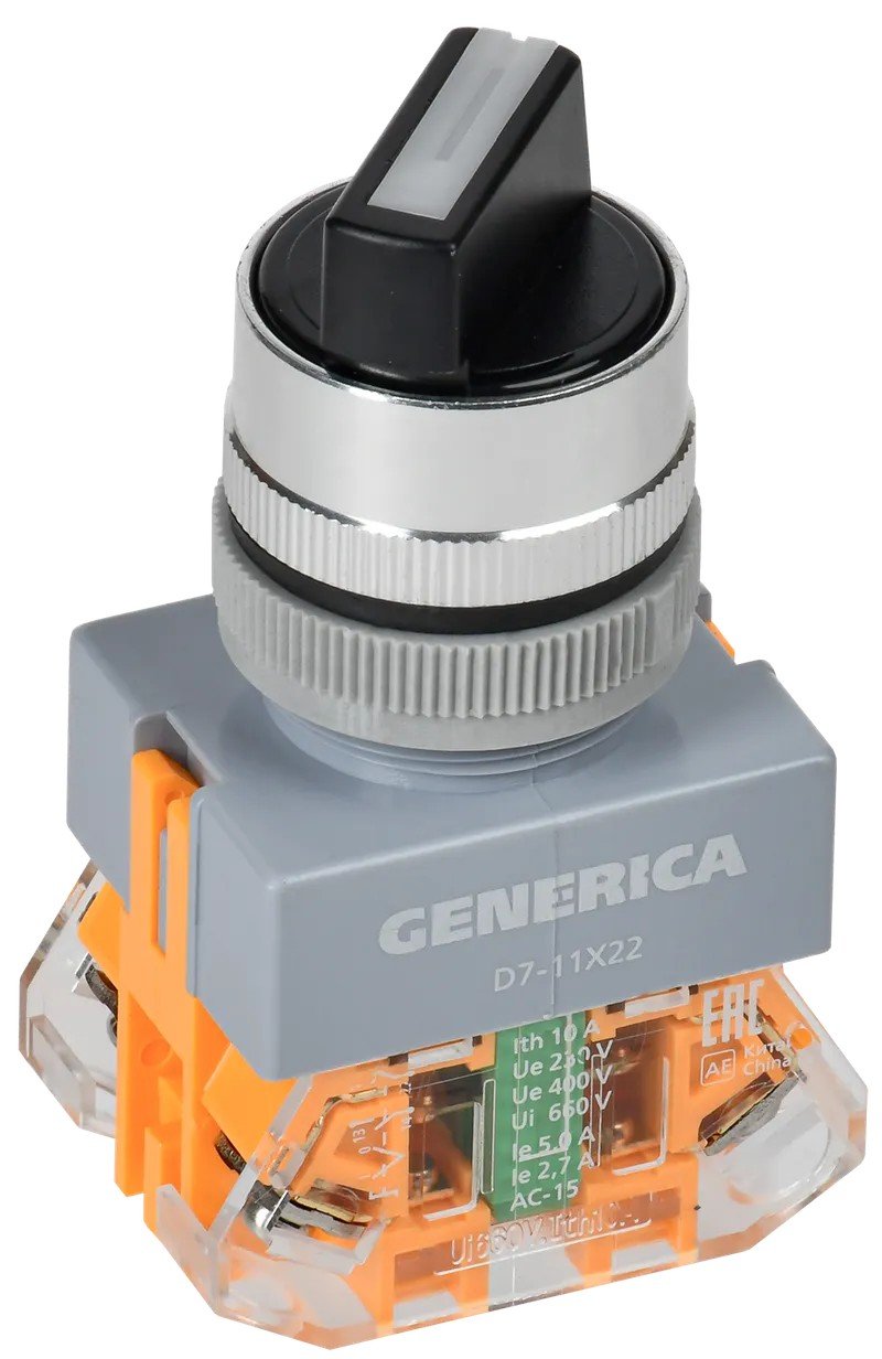Переключатель D7-11х22 на 2 положения 1NC+1NO с самовозвратом черный GENERICA (BSW50-11х22-3-22-2-K02-G)