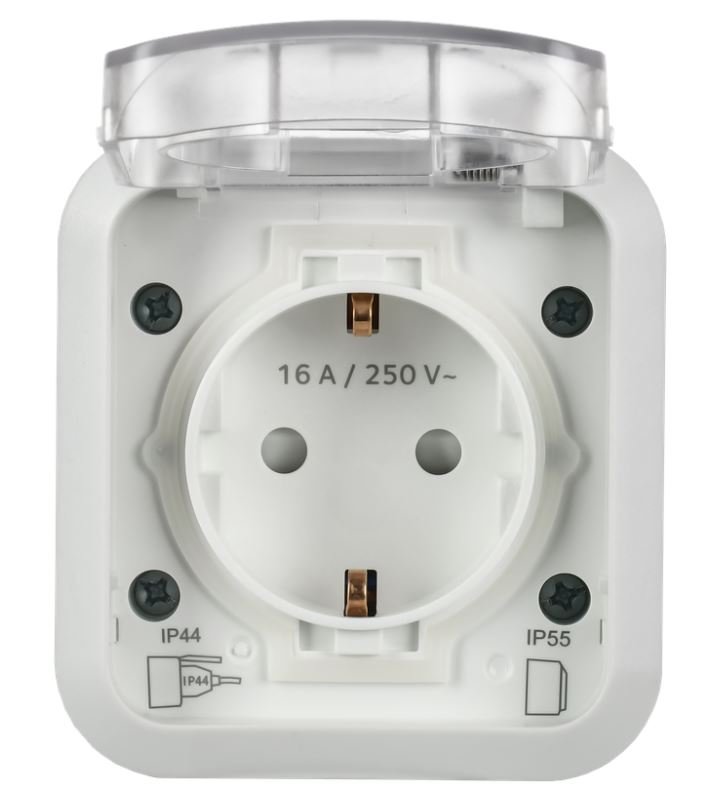 TORS Розетка 1-местная с заземлением и крышкой TS320 открытой установки 16А IP55 белый (TS-R16-16-55-K01)