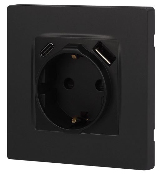 Розетка с USB type-A+C 12-4108-05 16А 250В 5В-3А 2P+E серия 12 антрацит ЭРА (Б0067707)