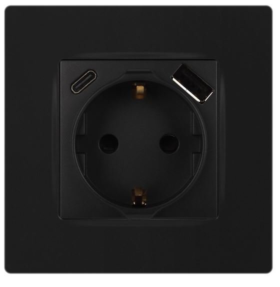 Розетка с USB type-A+C 12-4108-05 16А 250В 5В-3А 2P+E серия 12 антрацит ЭРА (Б0067707)