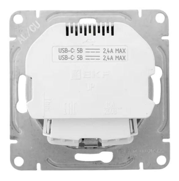 Механизм розетки с USB-C - 2 шт, 16А, с заземлением, со шторками, алюминий Эпика (UP1-SOA-111-2USBC)
