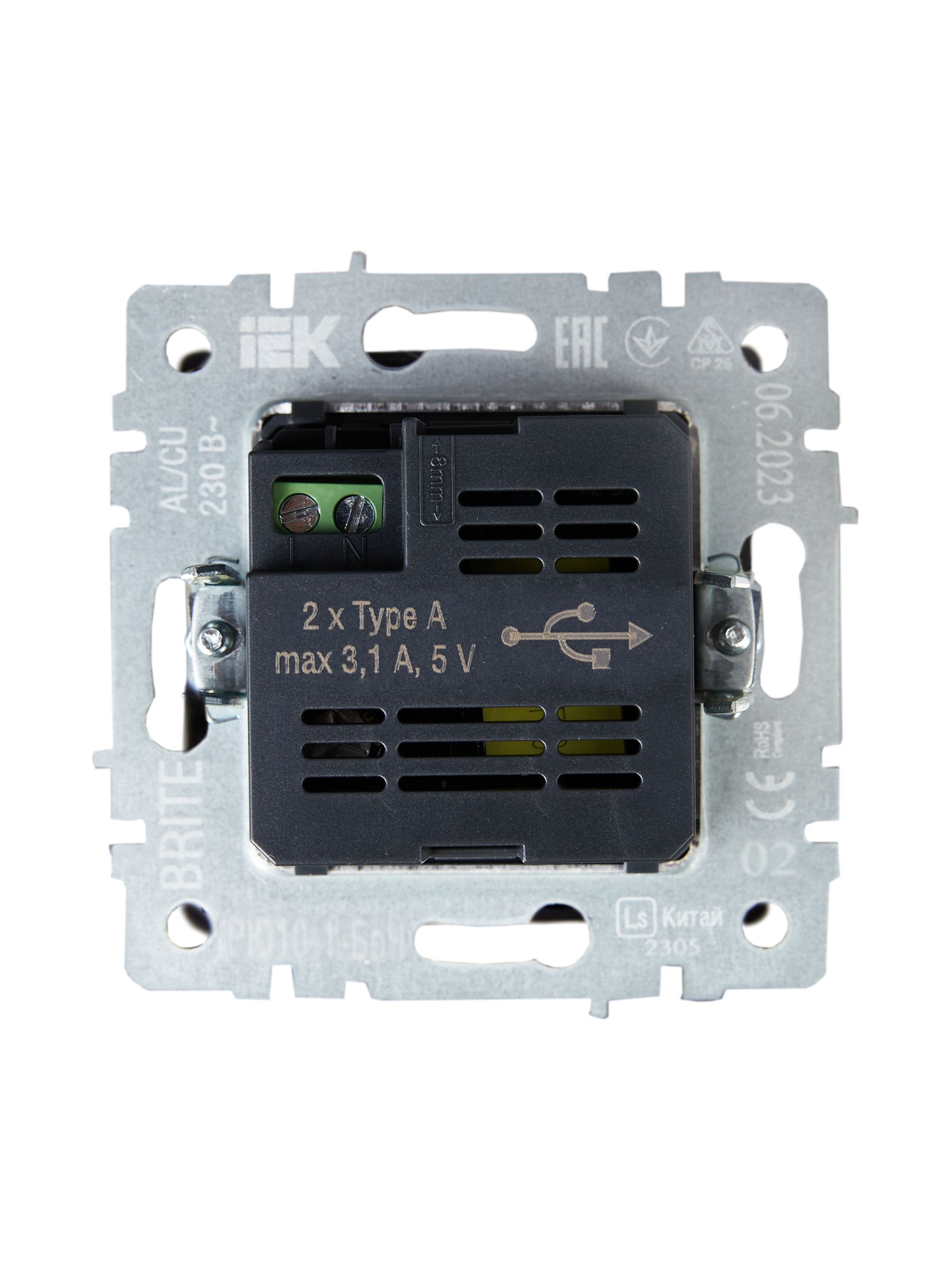 Розетка USB BRITE A+A 5В 3,1А РЮ10-1-БрЧ скрытой установки черный (BR-U21-D31-K02)