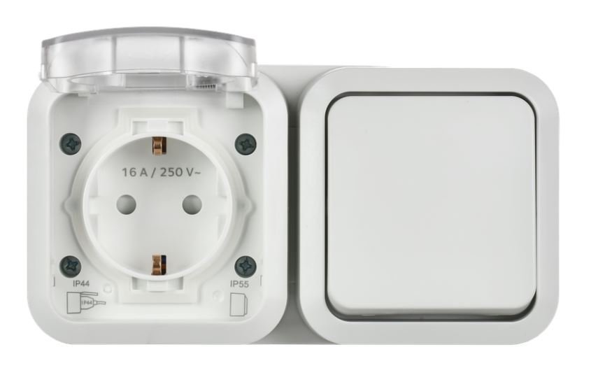 TORS Блок (розетка + выключатель) горизонтальный TS342 открытой установки IP55 белый (TS-G10-6-55-V-K01)