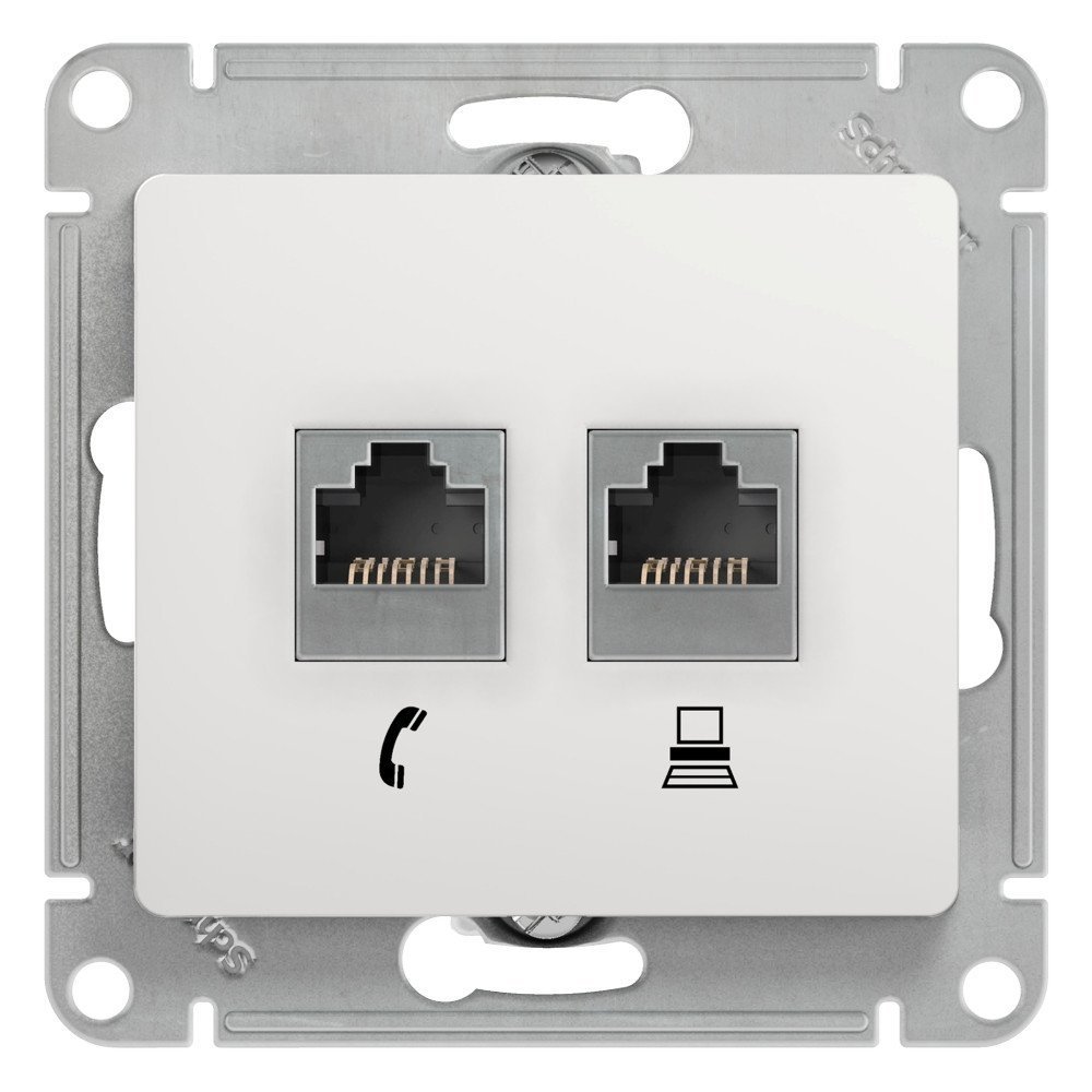 Glossa розетка RJ11+RJ45, 2-местная, кат. 5Е, скрытой установки, механизм, белый (GSL000185)