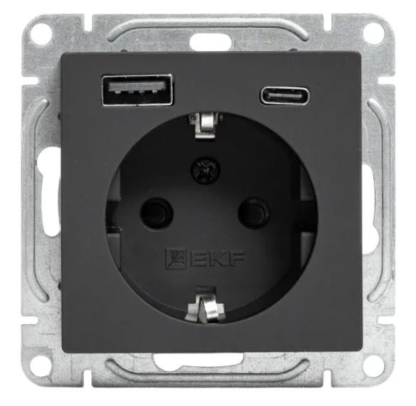 Механизм розетки с USB-A+С-2 шт, 16А, с заземлением, со штор., чёрный Эпика (UP1-SOB-111-USBA+USBC)