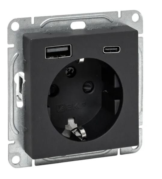 Механизм розетки с USB-A+С-2 шт, 16А, с заземлением, со штор., чёрный Эпика (UP1-SOB-111-USBA+USBC)