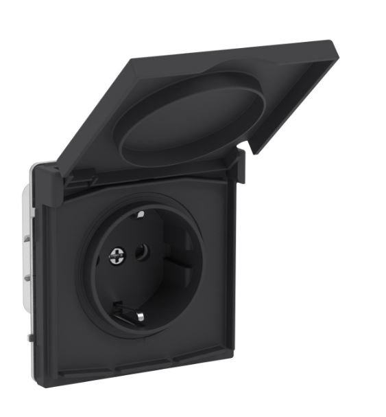 Розетка 2P+E KANT IP44 с защитными шторками с крышкой черный уголь (7012013)