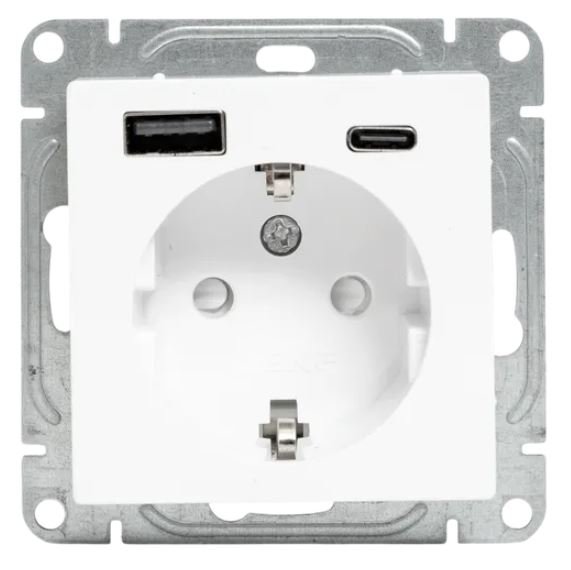 Механизм розетки с USB-A+С-2 шт, 16А, с заземлением, со штор., белый Эпика (UP1-SOW-111-USBA+USBC)