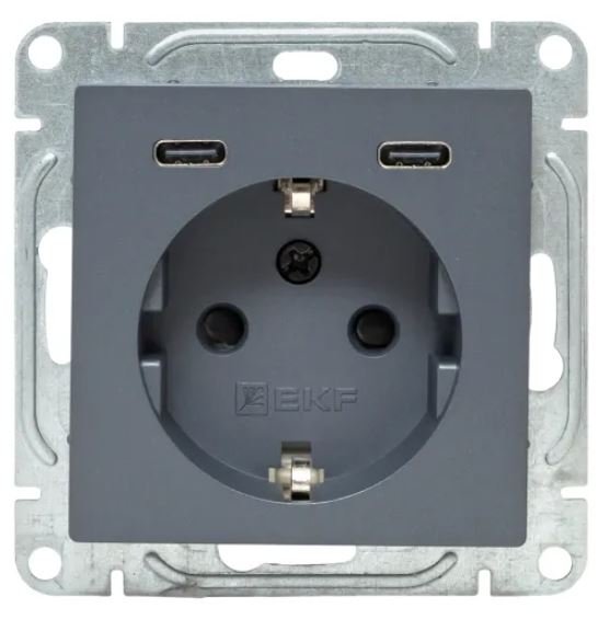 Механизм розетки с USB-C - 2 шт, 16А, с заземлением, со шторками, графит Эпика (UP1-SOG-111-2USBC)