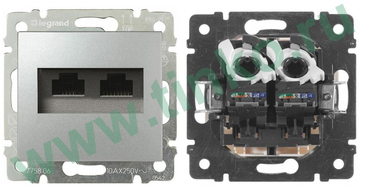 Valena розетка компьютерная 2xRJ45, Cat.5Е UTP, скрытой установки, алюминий (770231)