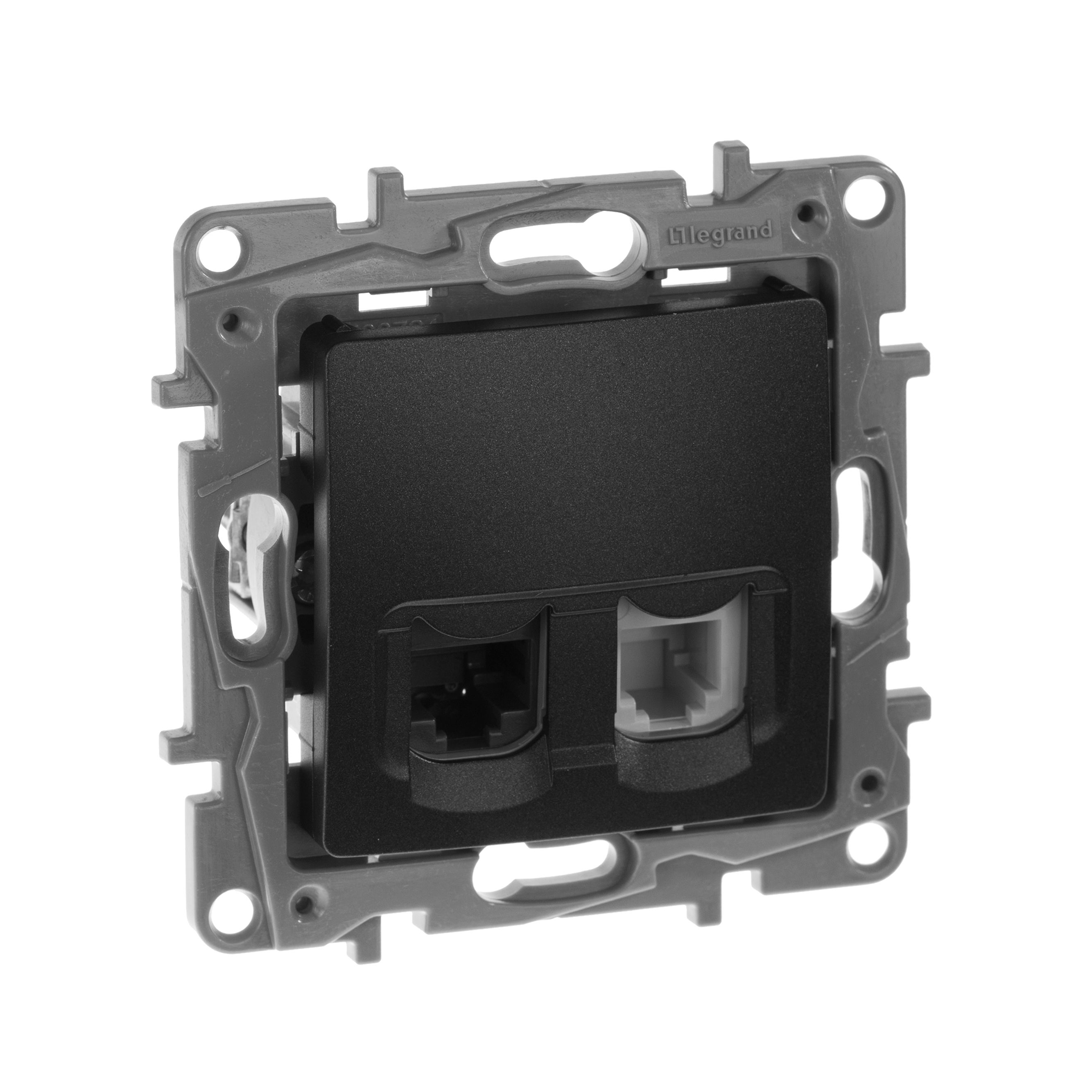 ETIKA розетка 2-местная RJ11+RJ45 кат.5E UTP, скрытой установки, антрацит (672652)