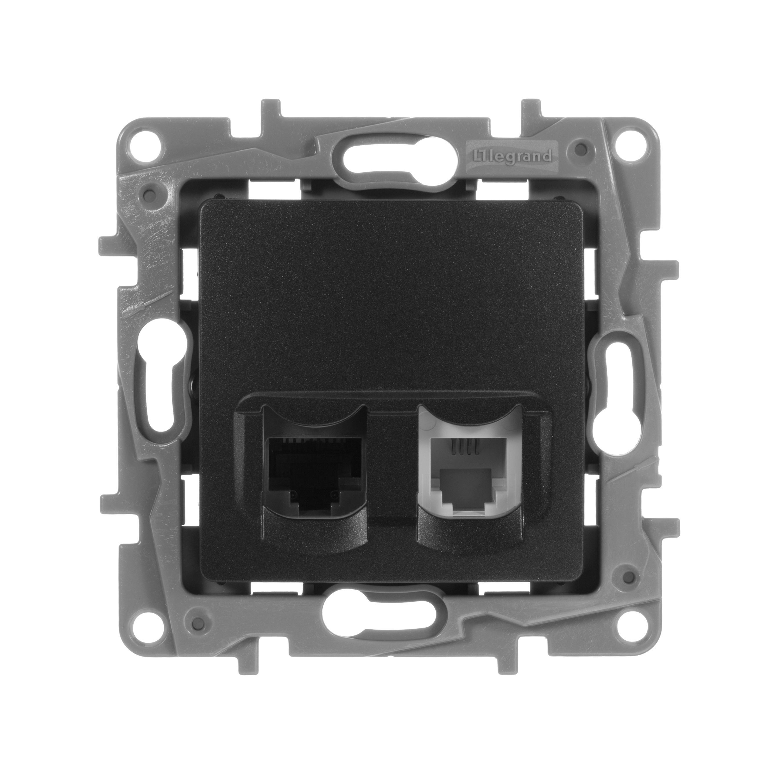 ETIKA розетка 2-местная RJ11+RJ45 кат.5E UTP, скрытой установки, антрацит (672652)