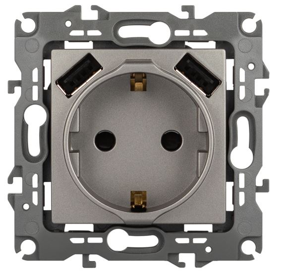 Розетка с 2xUSB 12-4109-16 16А 250В 5В-3А 2P+E серия 12 титан ЭРА (Б0065729)