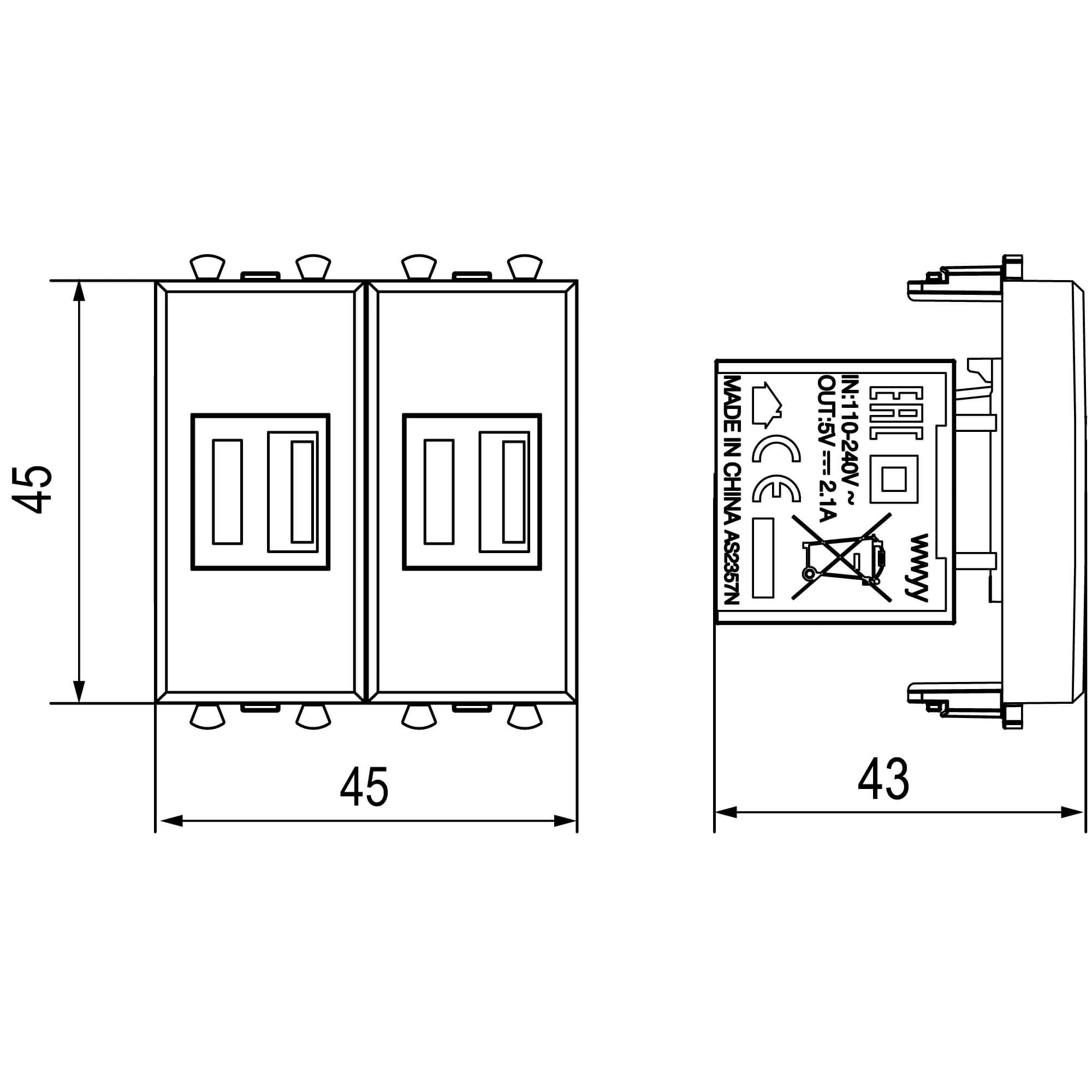 Зарядное устройство USB модульное, закаленная сталь, 2модуля, 2.1, Avanti (4404542)