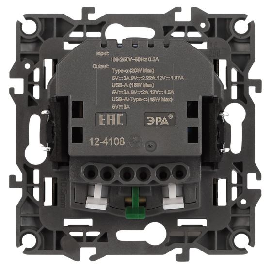 Розетка с USB type-A+C 12-4108-16 16А 250В 5В-3А 2P+E серия 12 титан ЭРА (Б0067762)