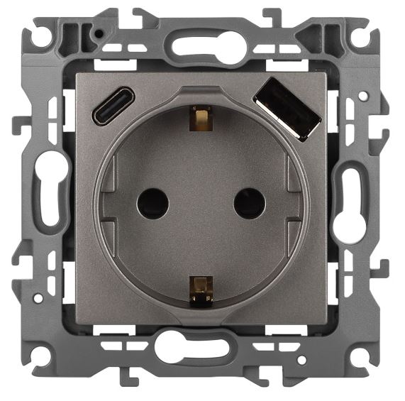 Розетка с USB type-A+C 12-4108-16 16А 250В 5В-3А 2P+E серия 12 титан ЭРА (Б0067762)