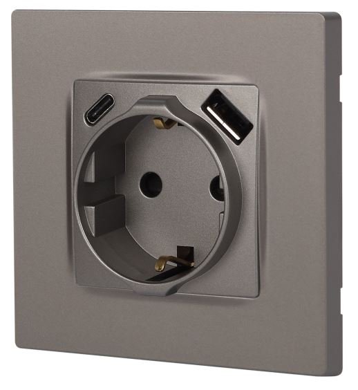 Розетка с USB type-A+C 12-4108-16 16А 250В 5В-3А 2P+E серия 12 титан ЭРА (Б0067762)