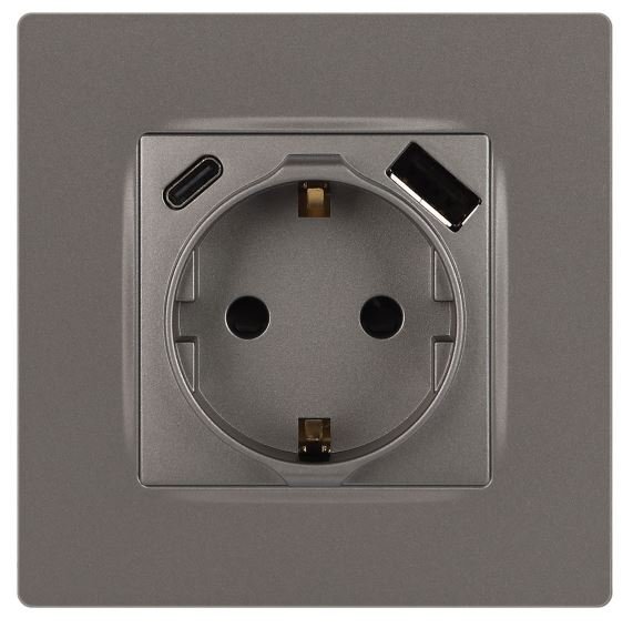 Розетка с USB type-A+C 12-4108-16 16А 250В 5В-3А 2P+E серия 12 титан ЭРА (Б0067762)
