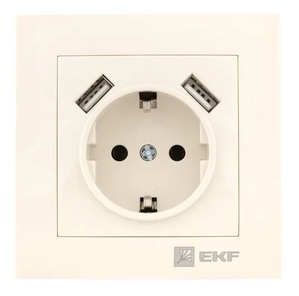 Валенсия Розетка 1-местная с/з 16А кремовая с защ. штор. с 2 USB 2,1А (EWR16-028-20-2USB)