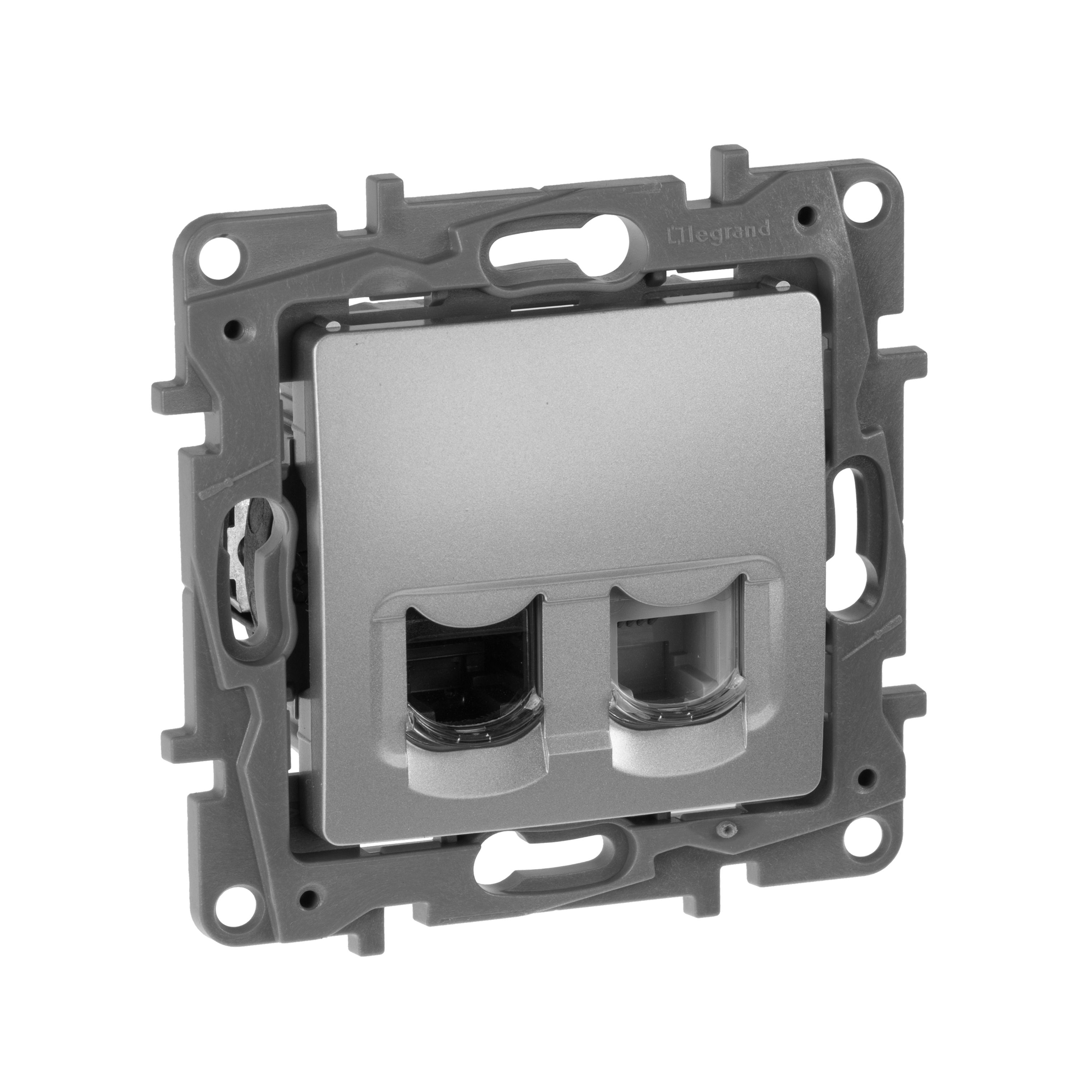 ETIKA розетка 2-местная RJ11+RJ45 кат.5E UTP, скрытой установки, алюминий (672452)