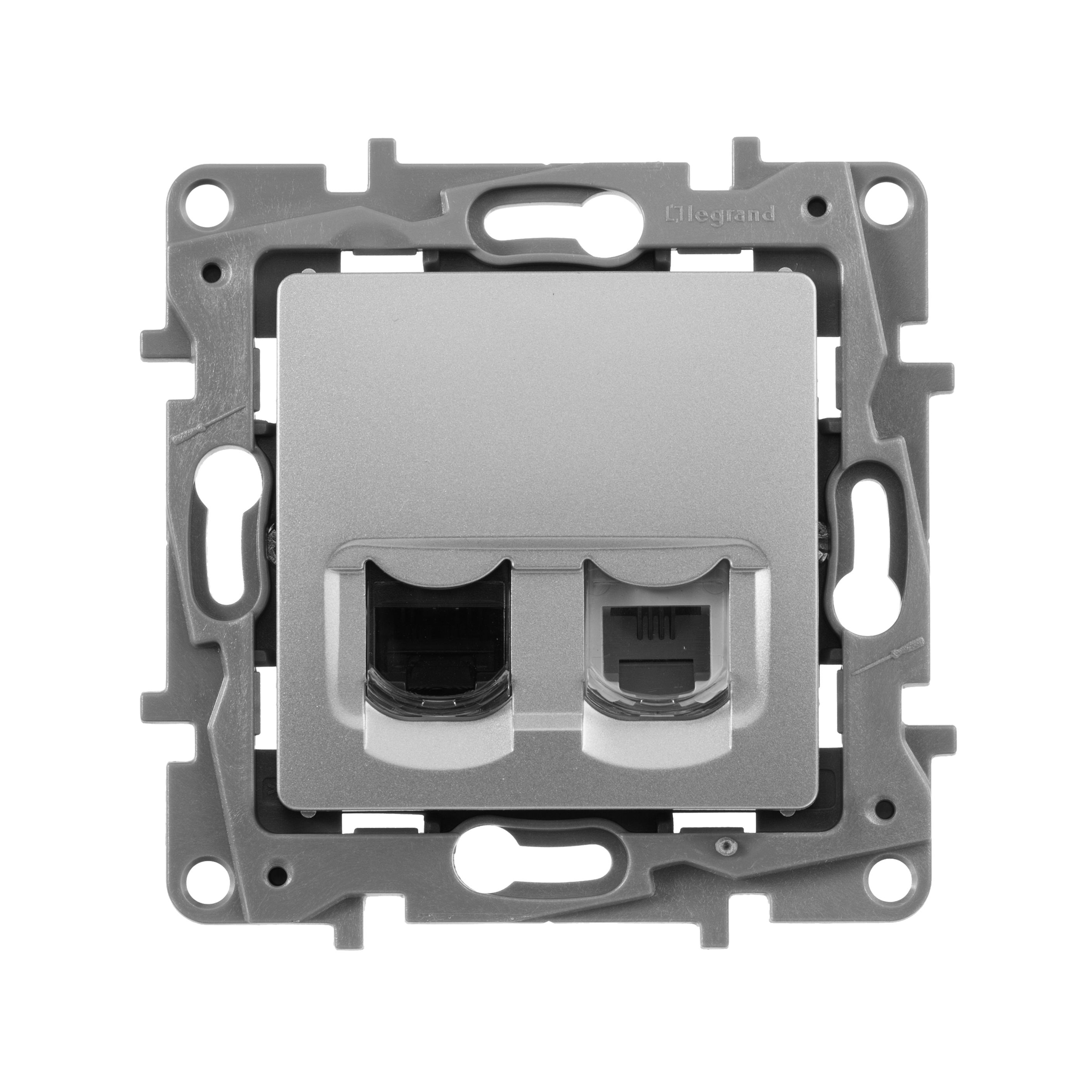 ETIKA розетка 2-местная RJ11+RJ45 кат.5E UTP, скрытой установки, алюминий (672452)