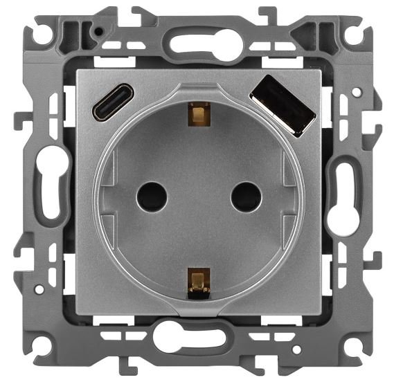 Розетка с USB type-A+C 12-4108-03 16А 250В 5В-3А 2P+E серия 12 алюминий ЭРА (Б0067716)