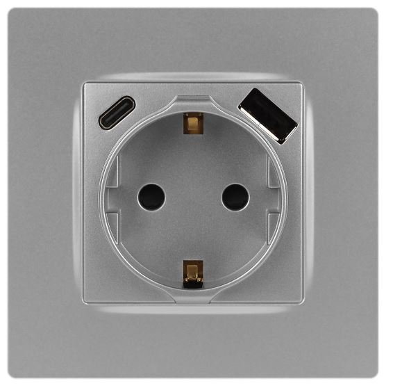 Розетка с USB type-A+C 12-4108-03 16А 250В 5В-3А 2P+E серия 12 алюминий ЭРА (Б0067716)