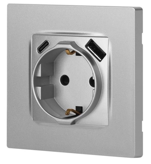 Розетка с USB type-A+C 12-4108-03 16А 250В 5В-3А 2P+E серия 12 алюминий ЭРА (Б0067716)