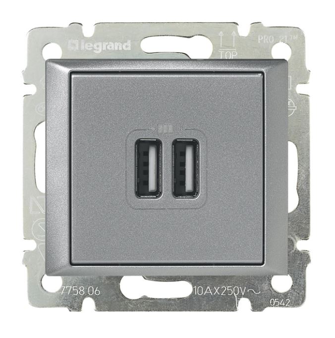 Valena розетка USB A + A 15Вт, скрытой установки, алюминий (770270)