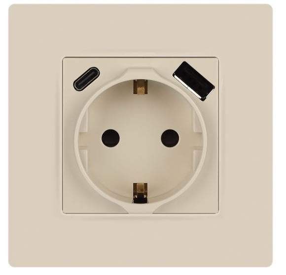 Розетка с USB type-A+C 12-4108-02 16А 250В 5В-3А 2P+E серия 12 слоновая кость ЭРА (Б0067731)