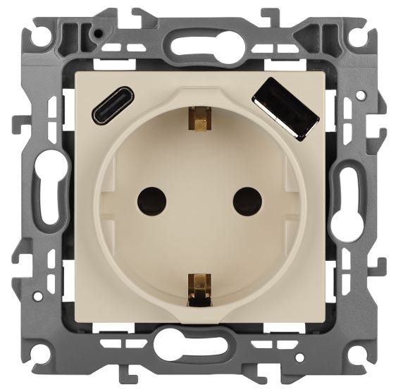 Розетка с USB type-A+C 12-4108-02 16А 250В 5В-3А 2P+E серия 12 слоновая кость ЭРА (Б0067731)
