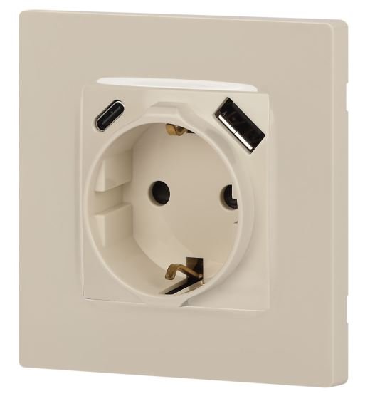 Розетка с USB type-A+C 12-4108-02 16А 250В 5В-3А 2P+E серия 12 слоновая кость ЭРА (Б0067731)