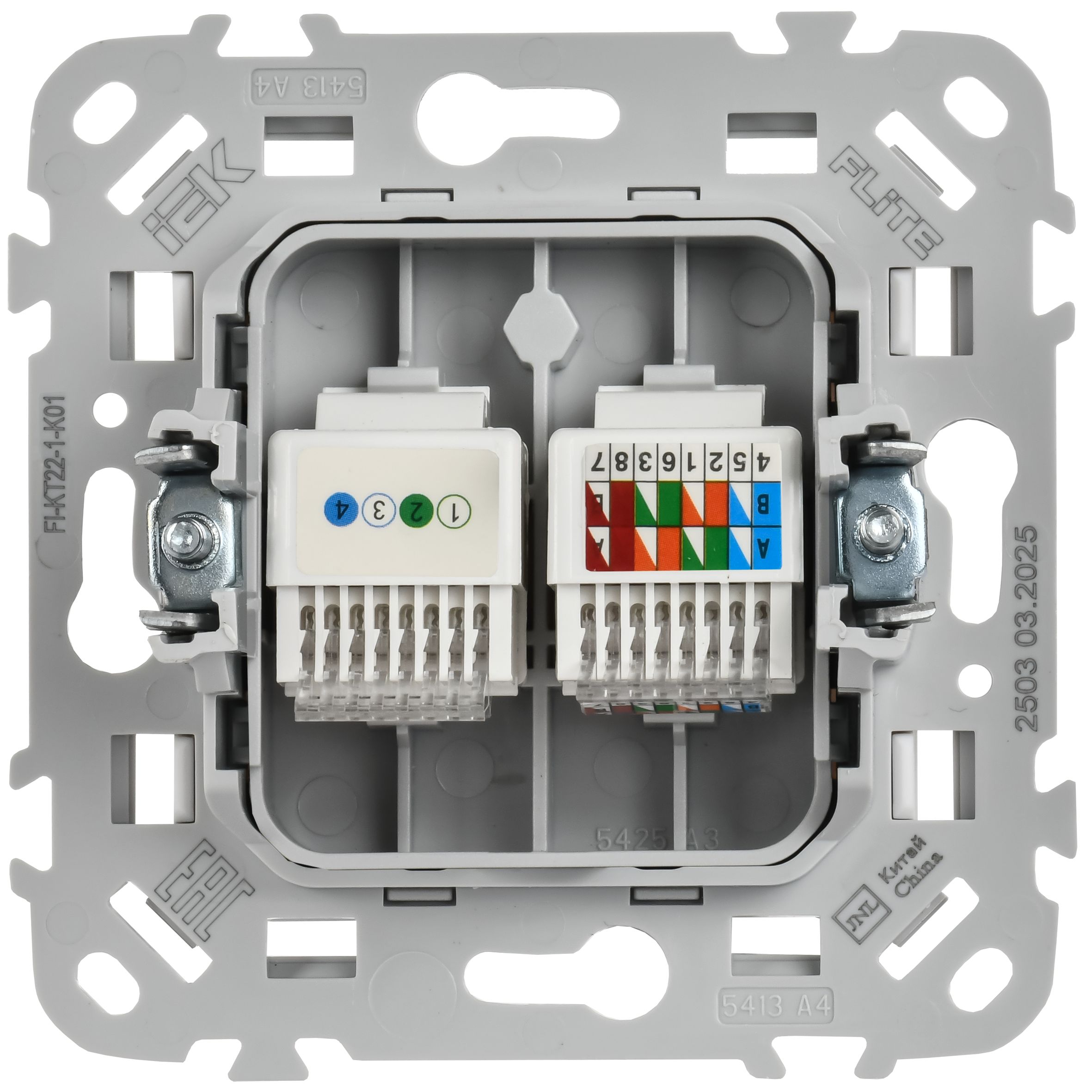 FLITE Розетка 2-местная RJ45/RJ11 кат 5Е/3 UTP РКТ5е/3-2-0-ФлБ скрытой установки белый (FI-KT22-1-K01)