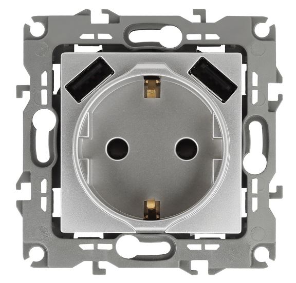 Розетка с 2xUSB 12-4109-03 16А 250В 5В-3А 2P+E серия 12 алюминий ЭРА (Б0047842)