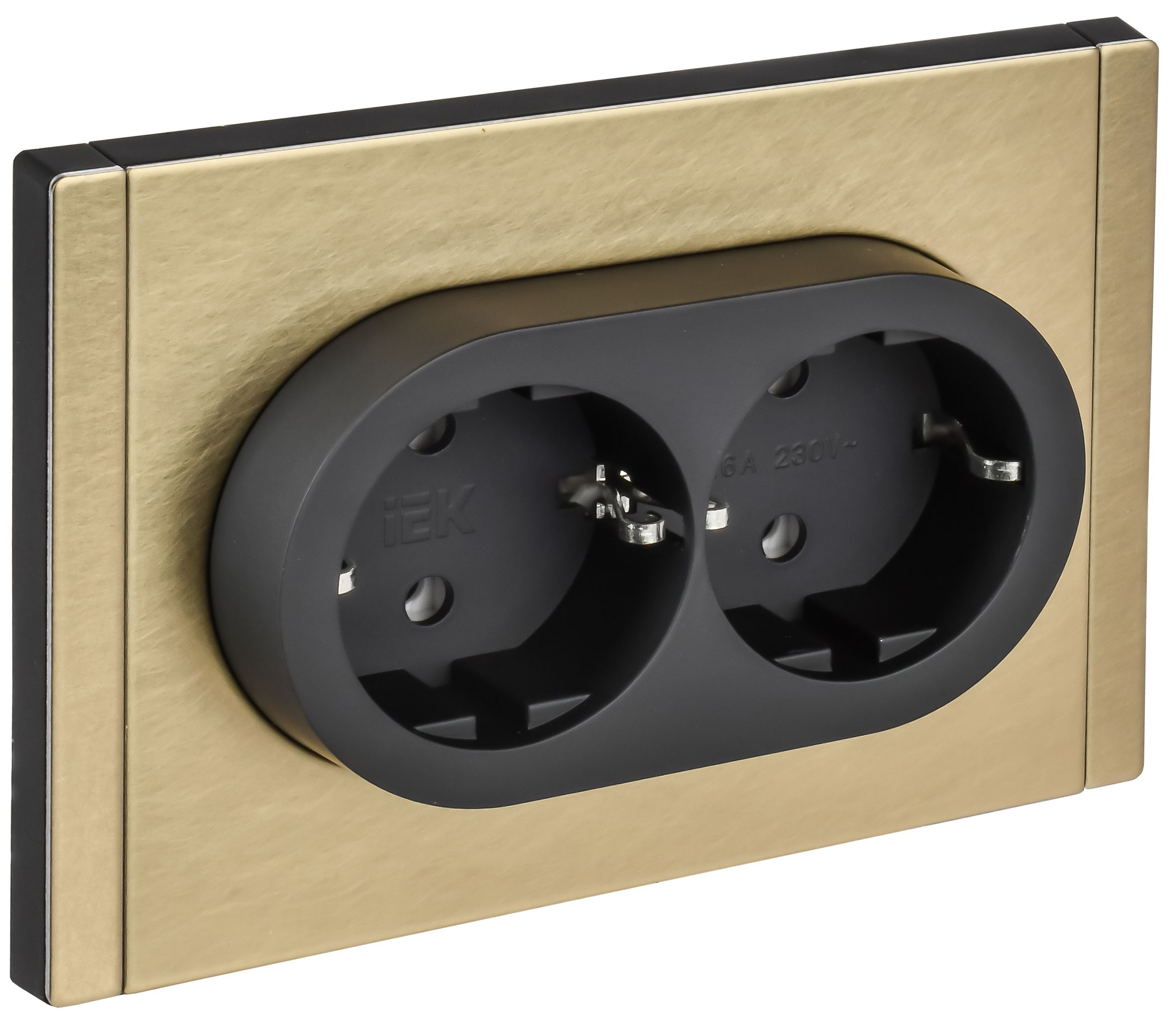 FORTE&PIANO Розетка 2-местная FP624M с заземлением без защитных шторок безвинтовое крепление скрытой установки 16А металл шампань (FP-R21-16-1-M-K37)