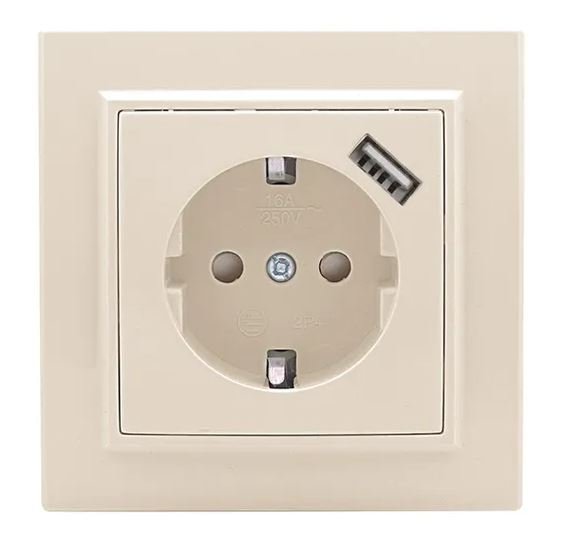 Минск Розетка 1-местная СП с/з 16А бежевая с защ. штор. с USB (ERR16-028-200-USB)
