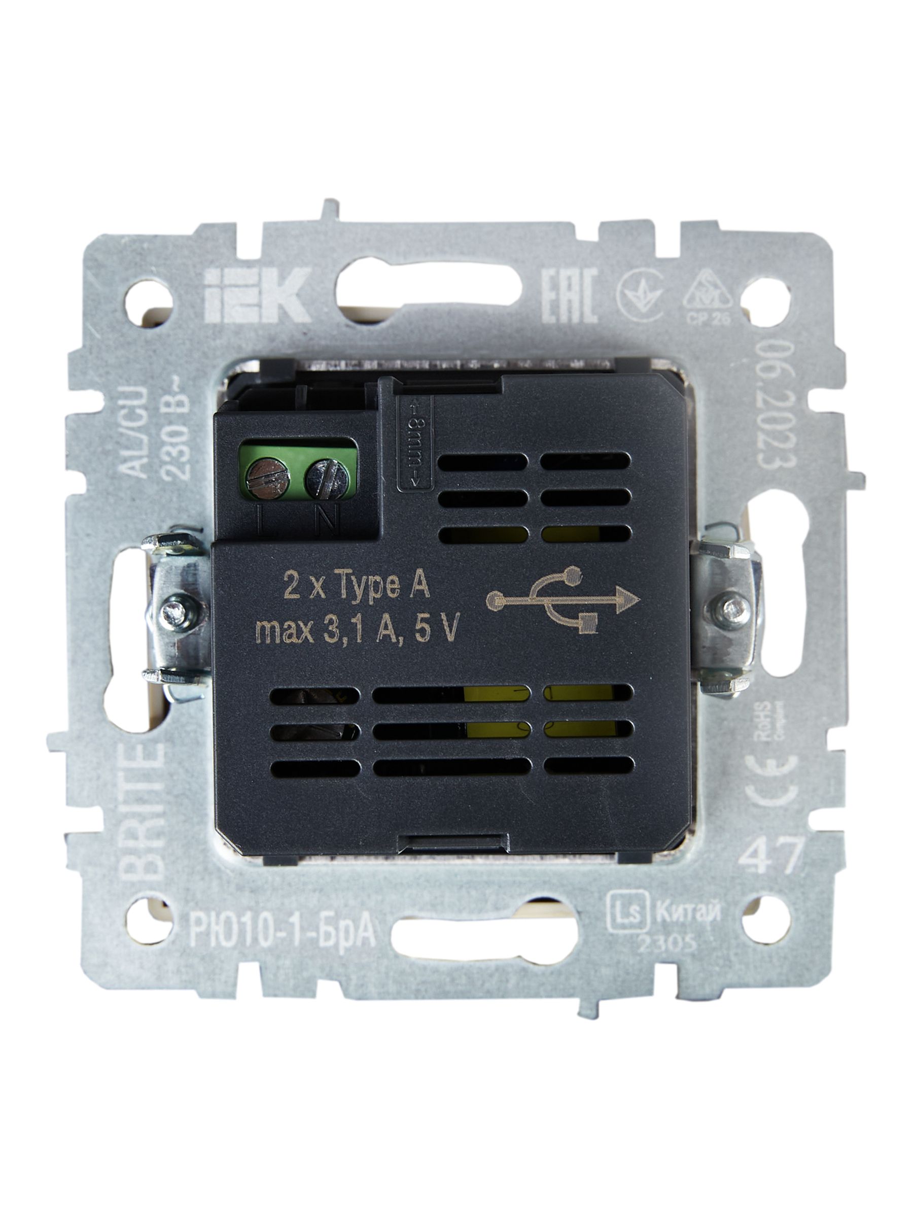 Розетка USB BRITE A+A 5В 3,1А РЮ10-1-БрА скрытой установки алюминий (BR-U21-D31-K47)