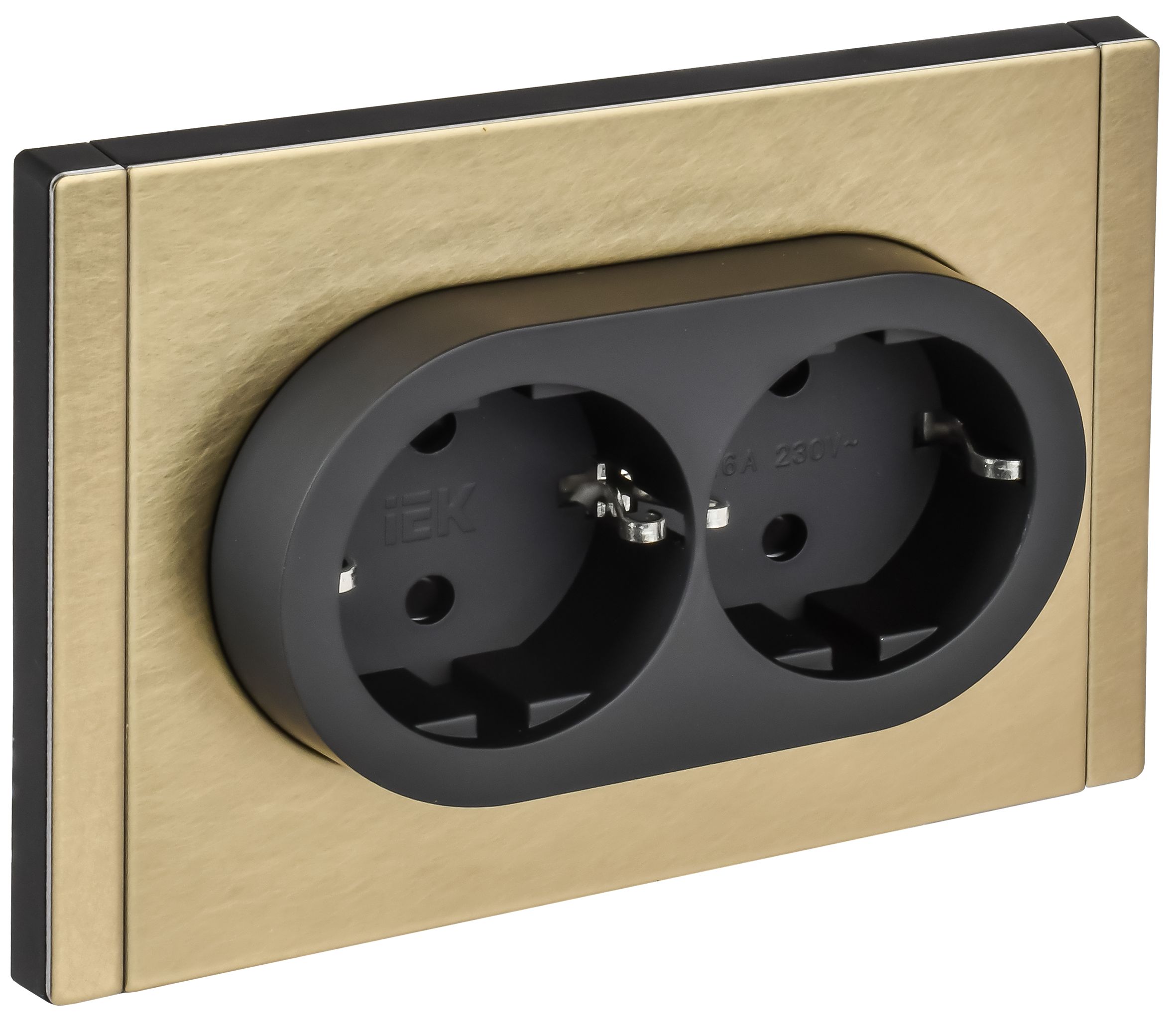 FORTE&PIANO Розетка 2-местная FP623M с заземлением с защитными шторками безвинтовое крепление скрытой установки 16А металл шампань (FP-R24-16-1-M-K37)