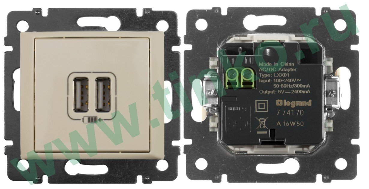 Valena розетка зарядная на 2 USB-разъема, скрытой установки, слоновая кость (774170)