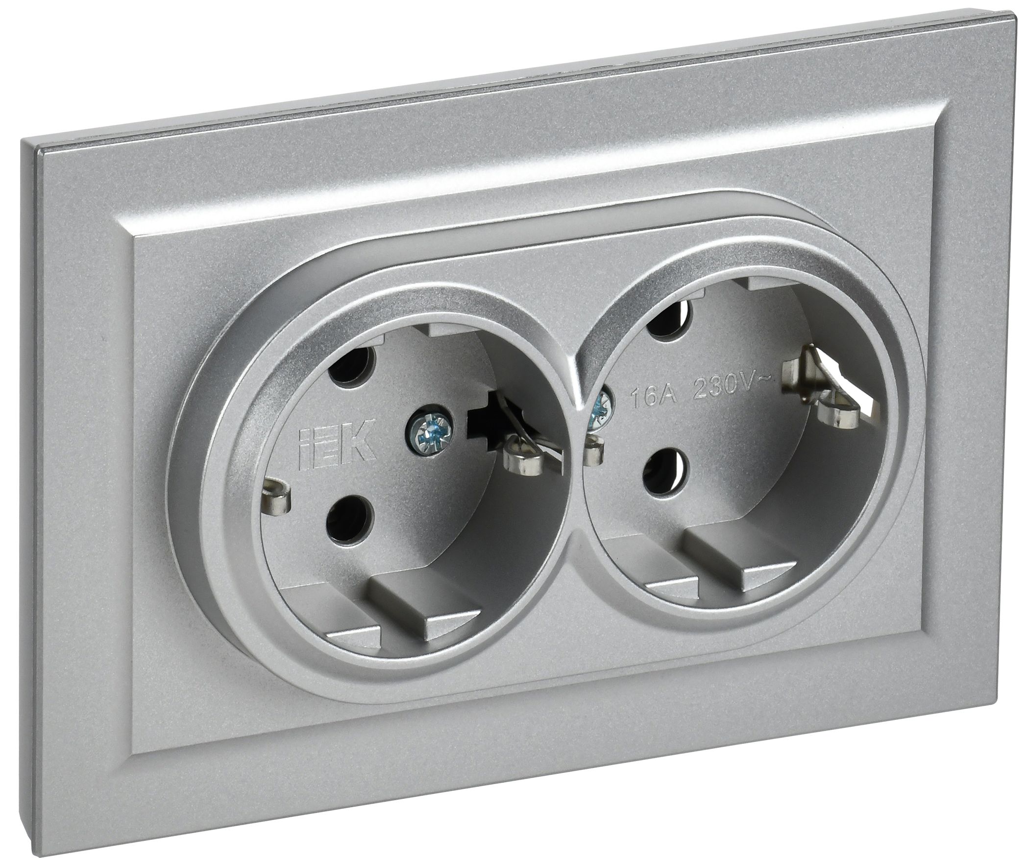 Розетка 2-местная в сборе BRITE РС12-3-БрА с заземлением без защитных шторок скрытой установки 16А алюминий (BR-R21-16-K47-F)