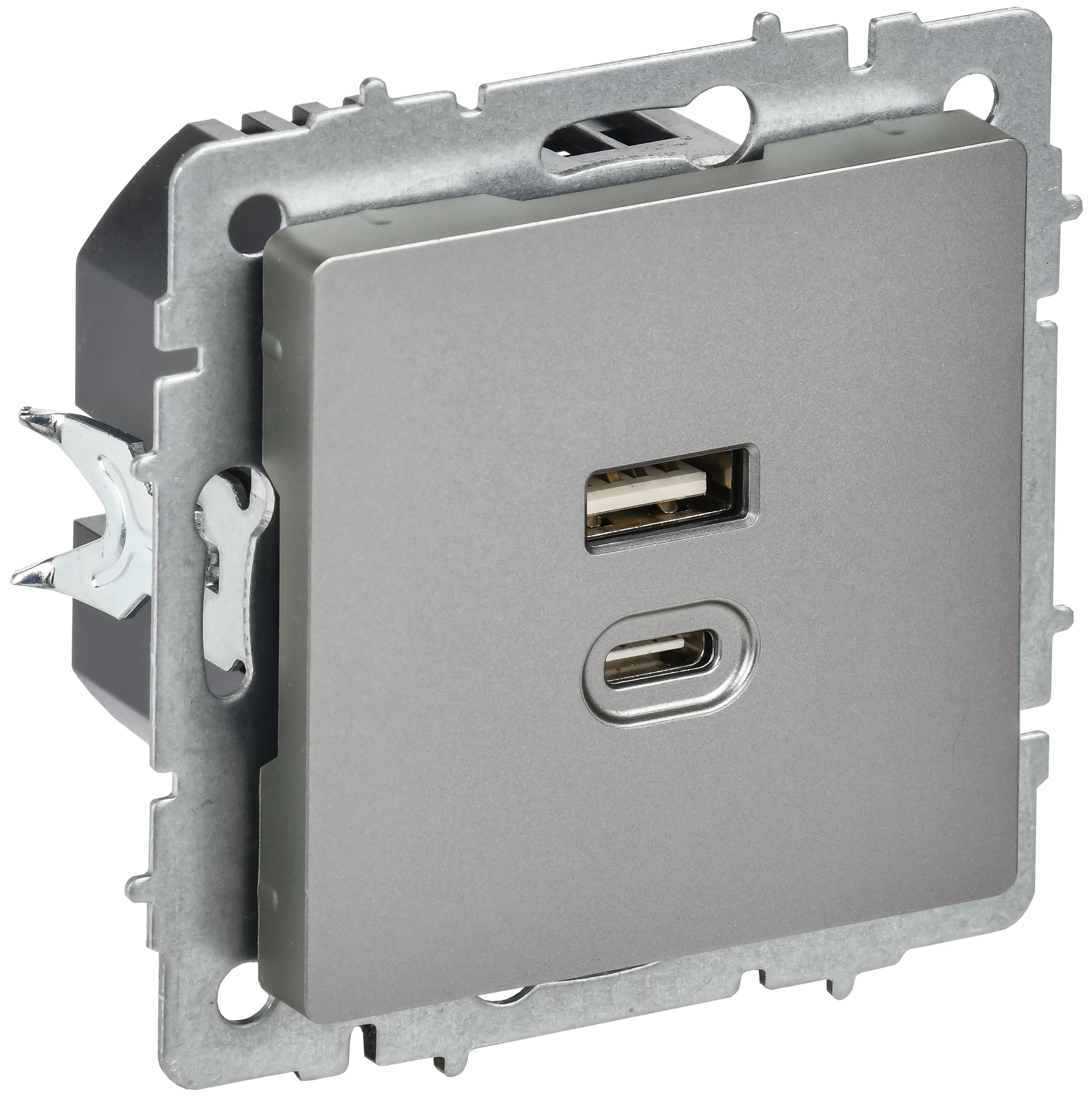 Розетка USB BRITE A+C 45Вт высокоскоростная зарядка РЮ11-2-БрС скрытой установки сталь (BR-U22-045-K46)