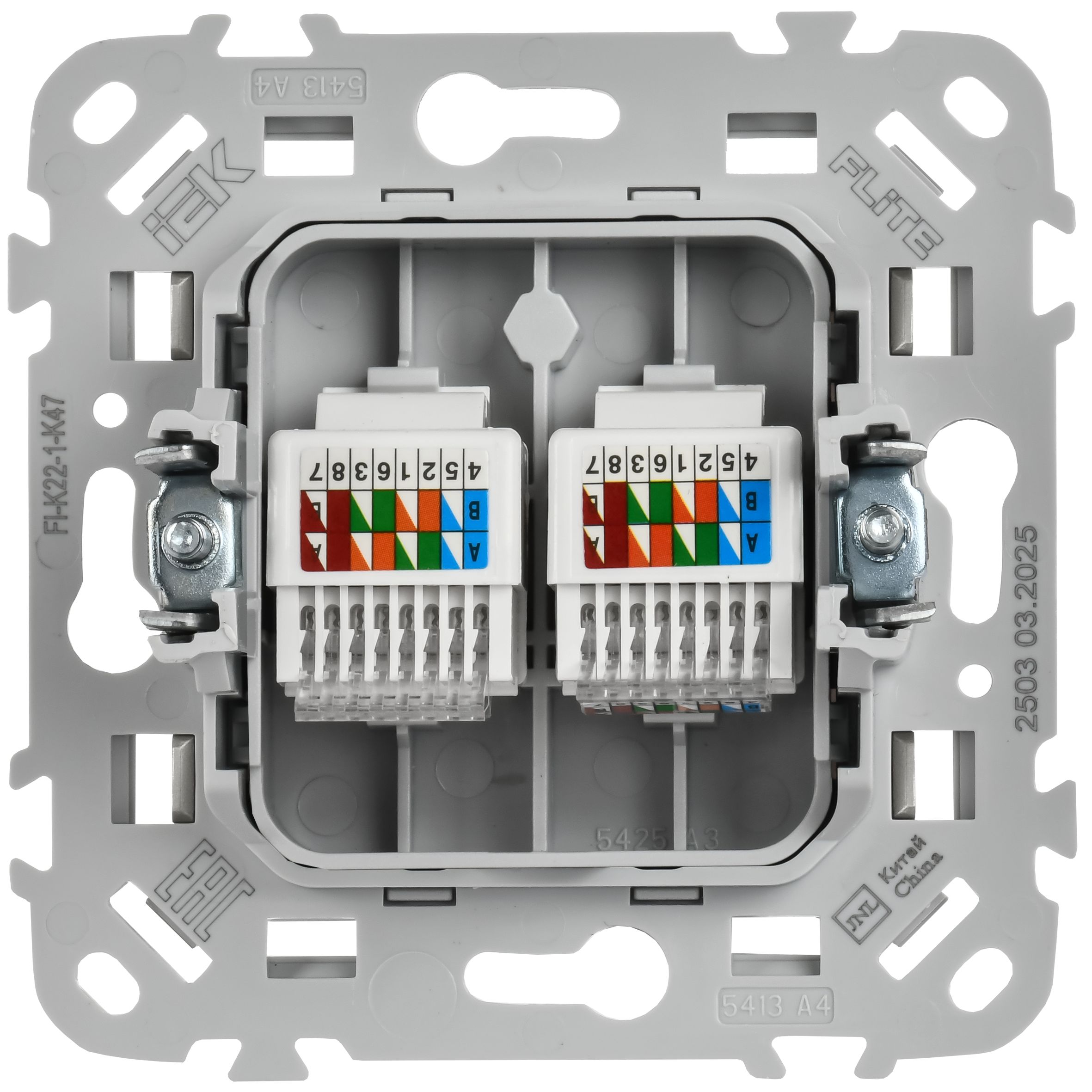 FLITE Розетка 2-местная компьютерная RJ45 кат 5Е UTP РК5е-2-0-ФлА скрытой установки алюминий (FI-K22-1-K47)