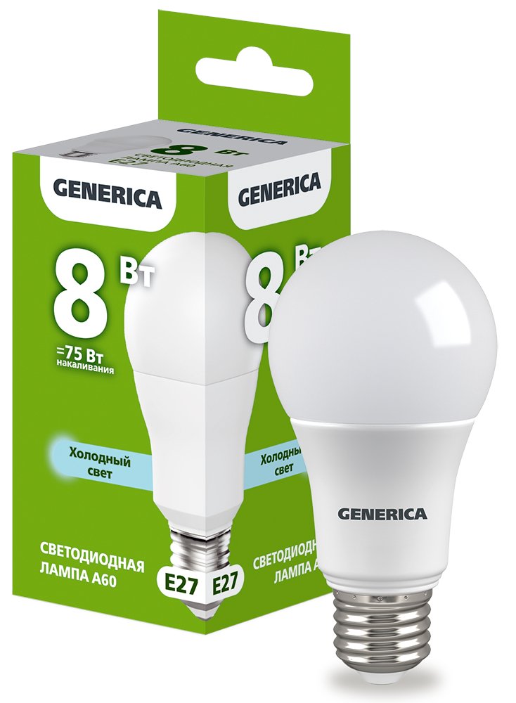 Лампа светодиодная A60 груша 8Вт 230В 6500К E27 GENERICA (LL-A60-08-230-65-E27-G)