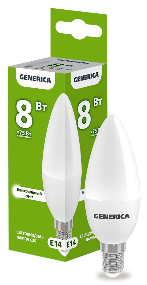 Лампа светодиодная C35 свеча 8Вт 230В 4000К E14 GENERICA (LL-C35-08-230-40-E14-G)