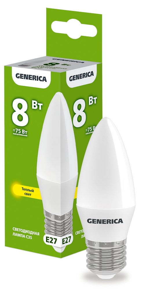 Лампа светодиодная C35 свеча 8Вт 230В 3000К E27 GENERICA (LL-C35-08-230-30-E27-G)